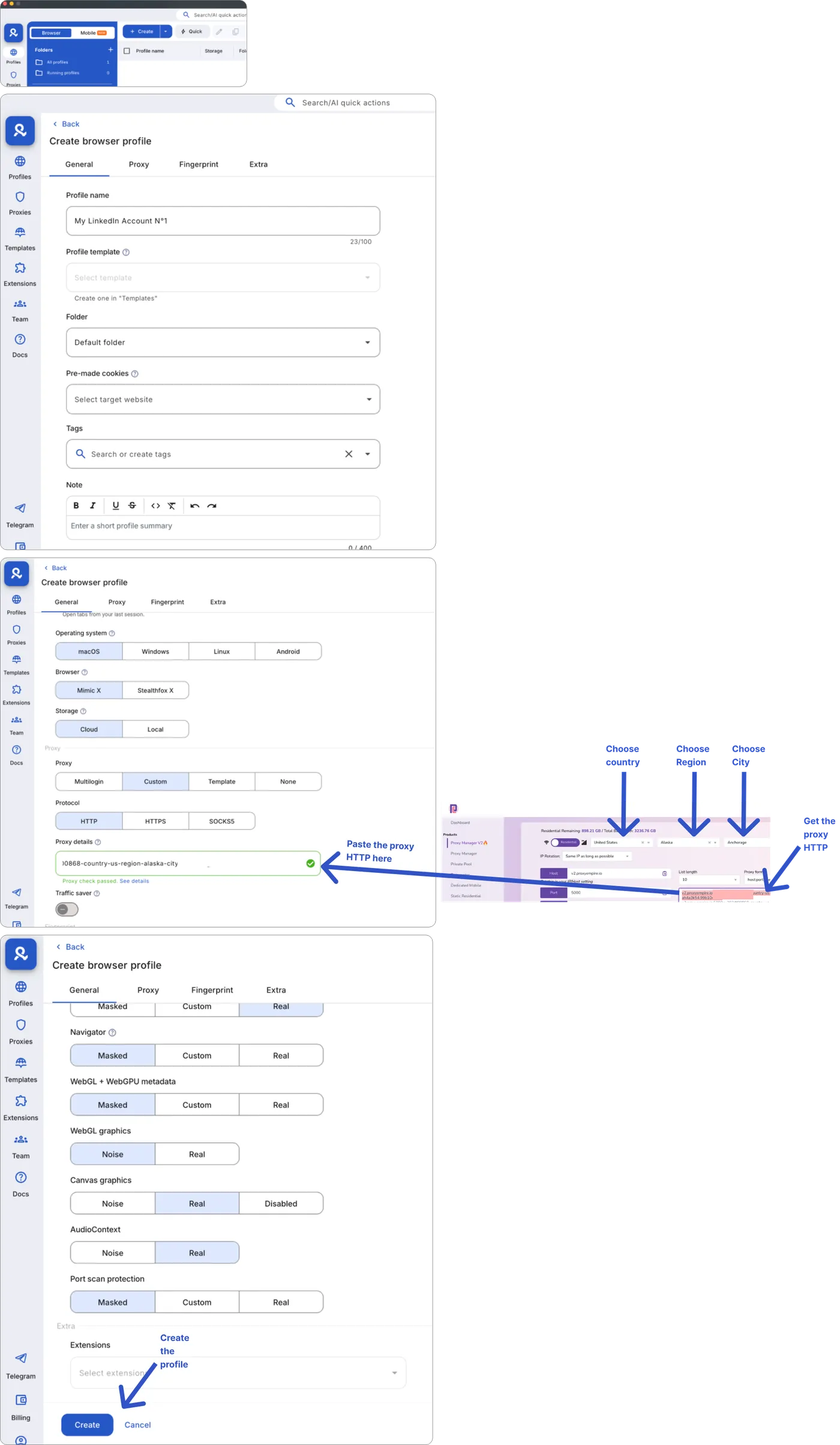 Full process to create a custom browser for LinkedIn Accounts with MultiLogin