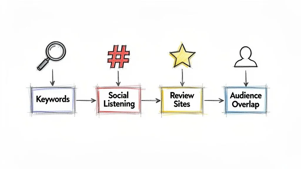 A visual guide outlining four steps of competitor research: keywords, social listening, review sites, and audience overlap.