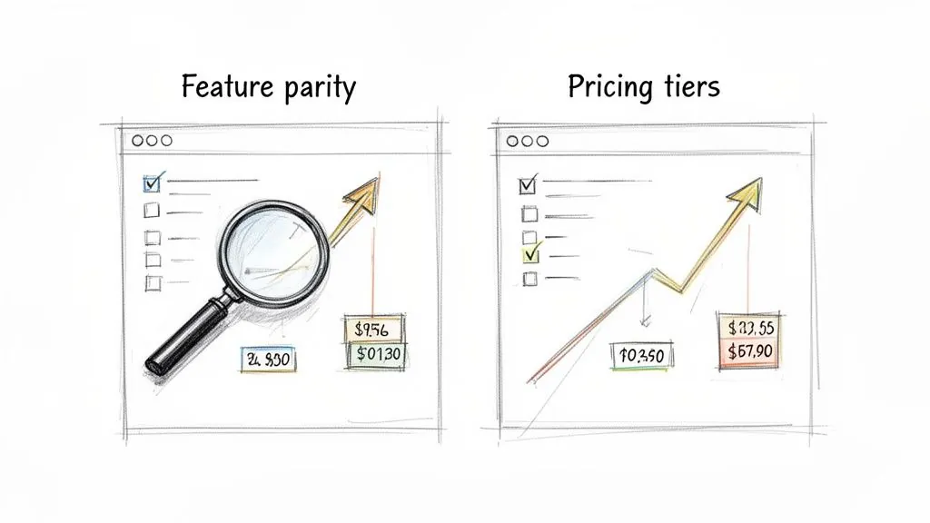 Conceptual sketch comparing feature parity analysis with various pricing tiers strategies, showing checklists and graphs.