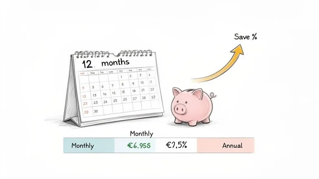 Hand drawn illustration showing a 12 month calendar, a piggy bank, an arrow indicating 'Save %', and monthly/annual financial data.