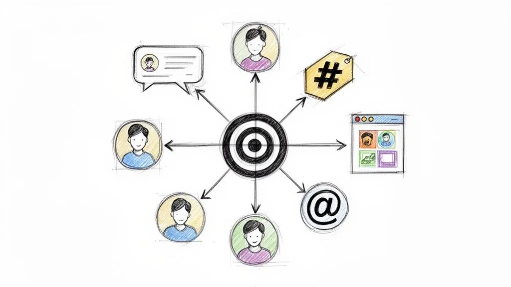 A central target with arrows connecting to user profiles and digital communication icons like chat, hashtag, and at symbol.