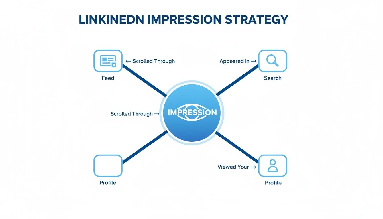 Diagram explaining LinkedIn impression strategy, showing how impressions occur from feed, search, and profile views.