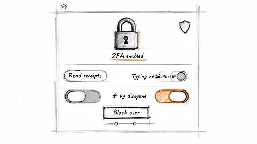 A hand drawn sketch of a mobile app settings screen with 2FA, toggles, and a 'Block user' button.