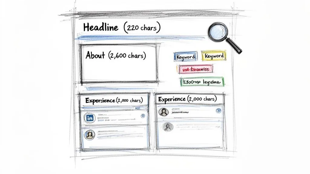 Hand drawn profile layout sketch displaying character limits for headline, about, and experience sections, including keywords.