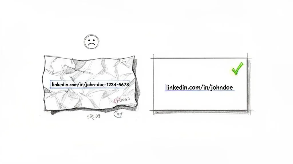 Comparison of a long, unoptimized LinkedIn URL (bad) versus a short, customized LinkedIn URL (good).