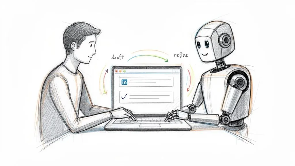 Human and robot collaborate on a laptop for content creation, illustrating a draft and refine workflow.
