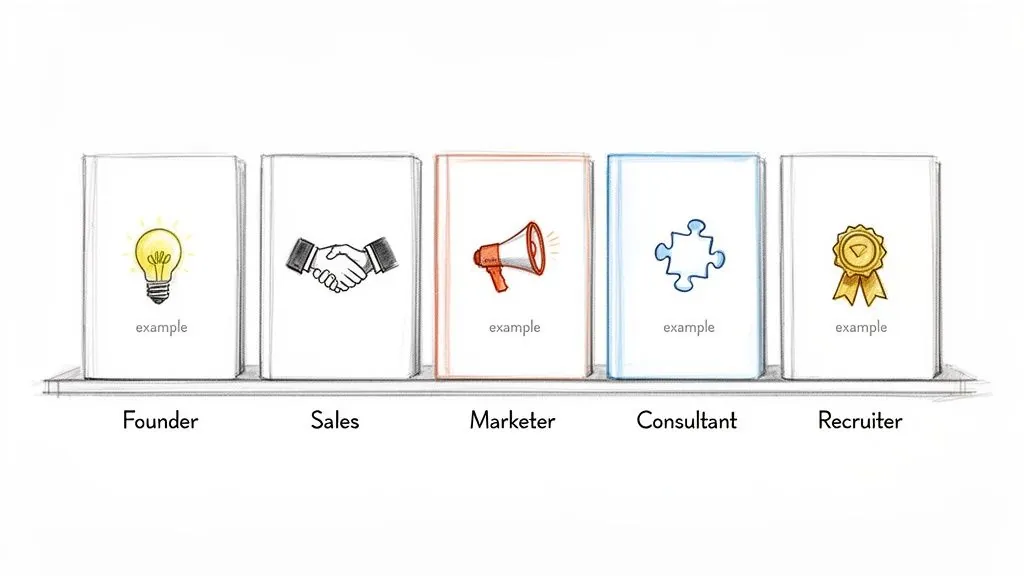 Five illustrated books on a shelf, each representing a professional role: Founder, Sales, Marketer, Consultant, Recruiter.