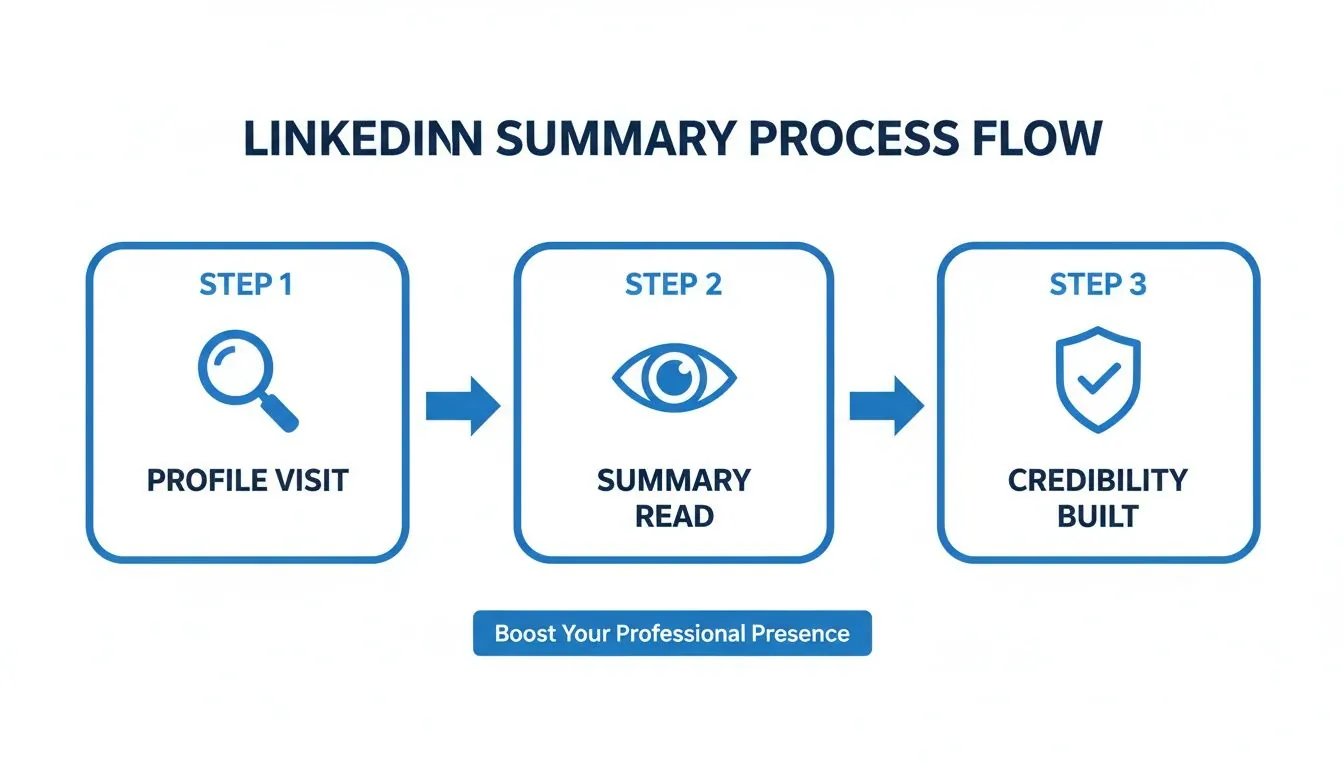 Flowchart showing the LinkedIn summary process: profile visit, summary read, and credibility built.