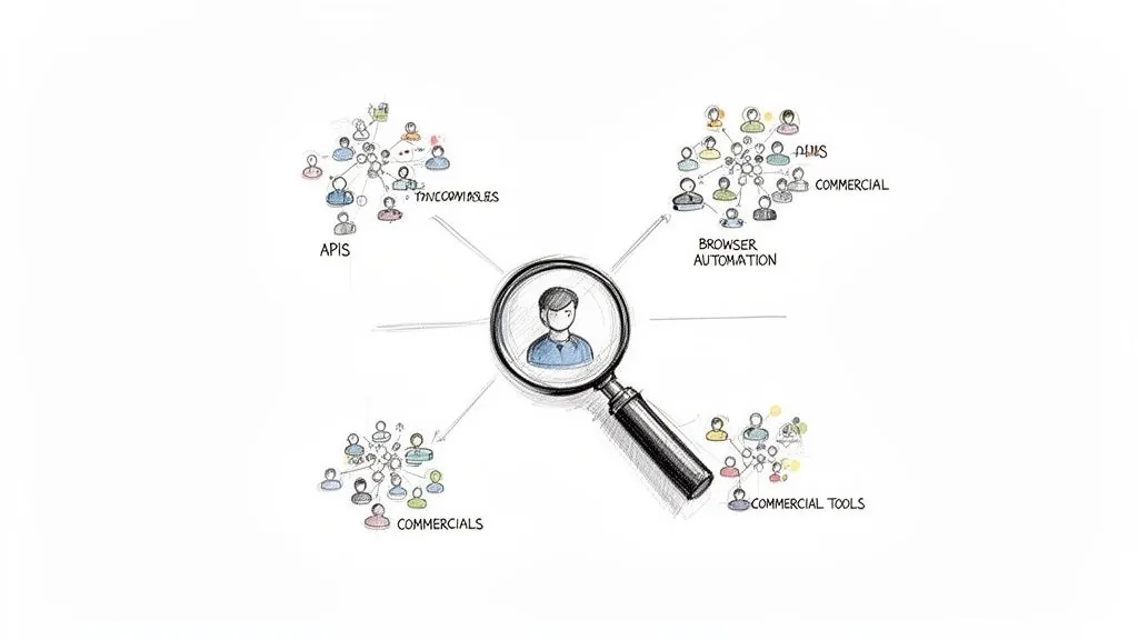 Magnifying glass over a user, illustrating data collection from various sources like APIs, browser automation, and commercial tools.