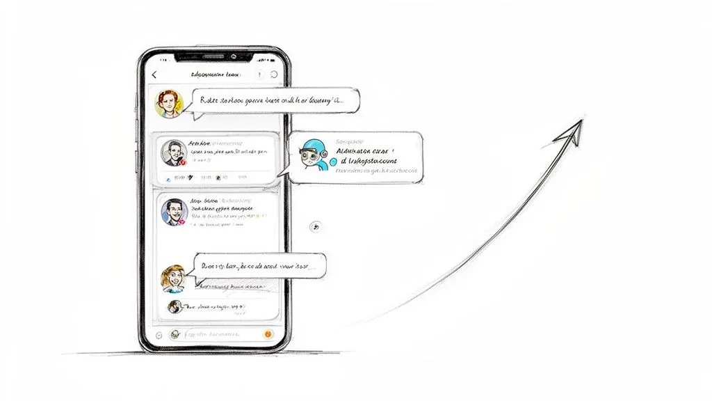 A sketch of a smartphone displaying a messaging app with chat bubbles and user profiles, next to an upward trending arrow.