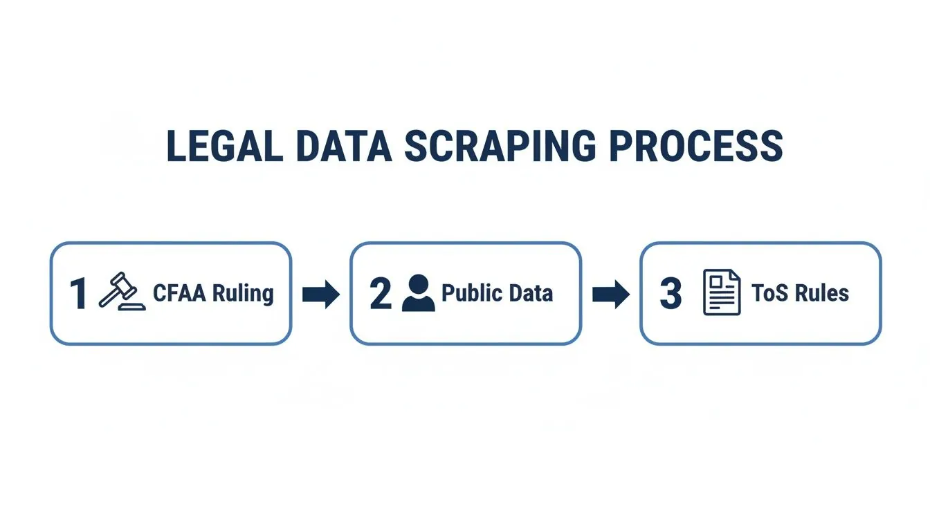 Flowchart illustrating the legal data scraping process with CFAA Ruling, Public Data, and ToS Rules.