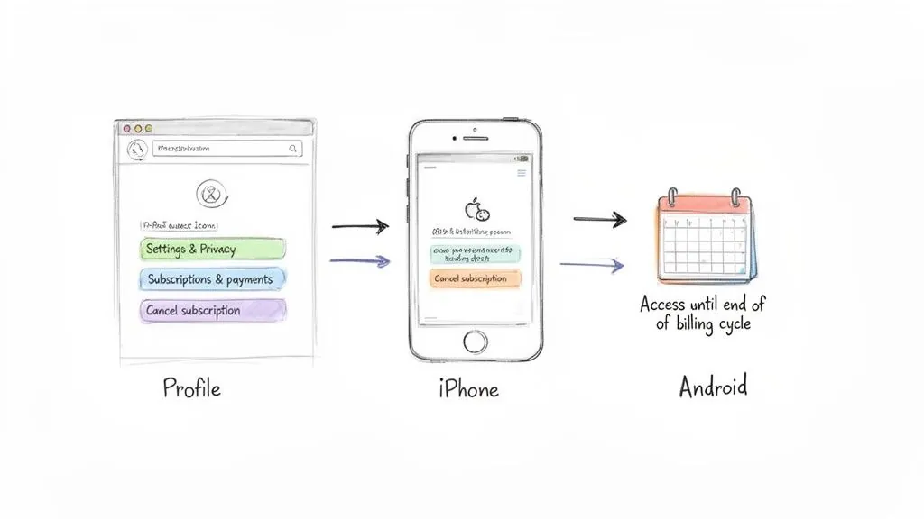 Subscription cancellation workflow across web, iPhone, and Android, indicating continued access until the billing cycle ends.
