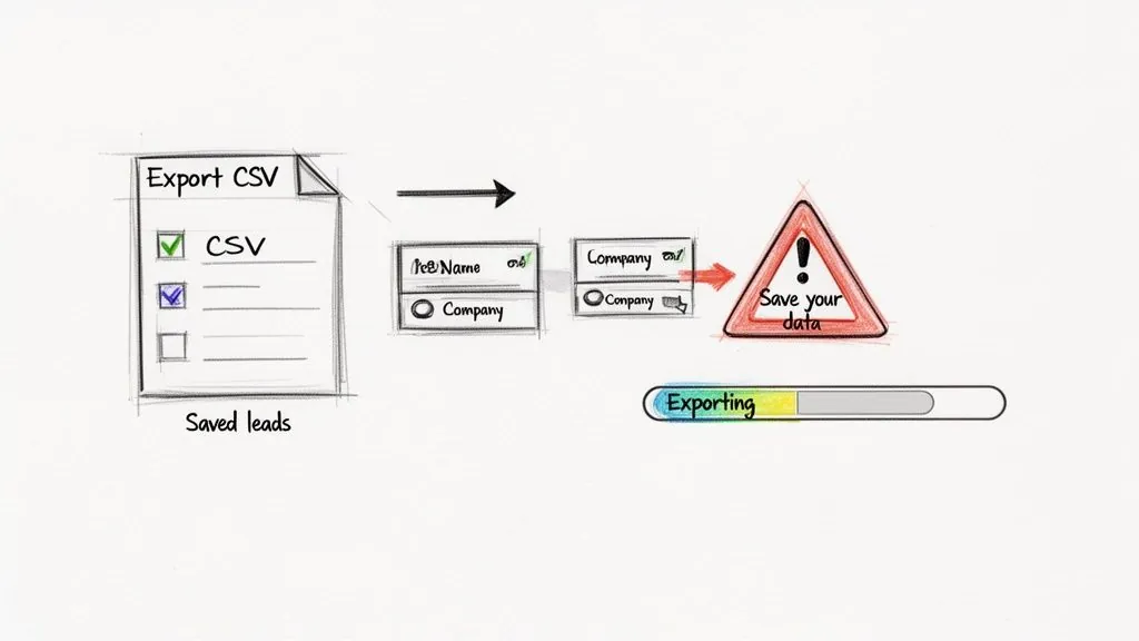 Visual guide showing steps to export saved leads to a CSV file, with data mapping, a save data warning, and an exporting progress bar.