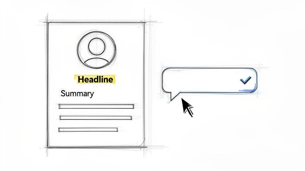 Hand drawn UI sketch of a profile card with highlighted headline and a chat message being clicked.