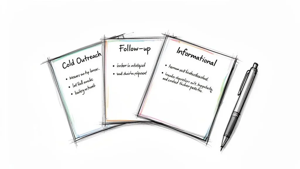 Three handwritten notes titled Cold Outreach, Follow up, and Informational, alongside a pen.