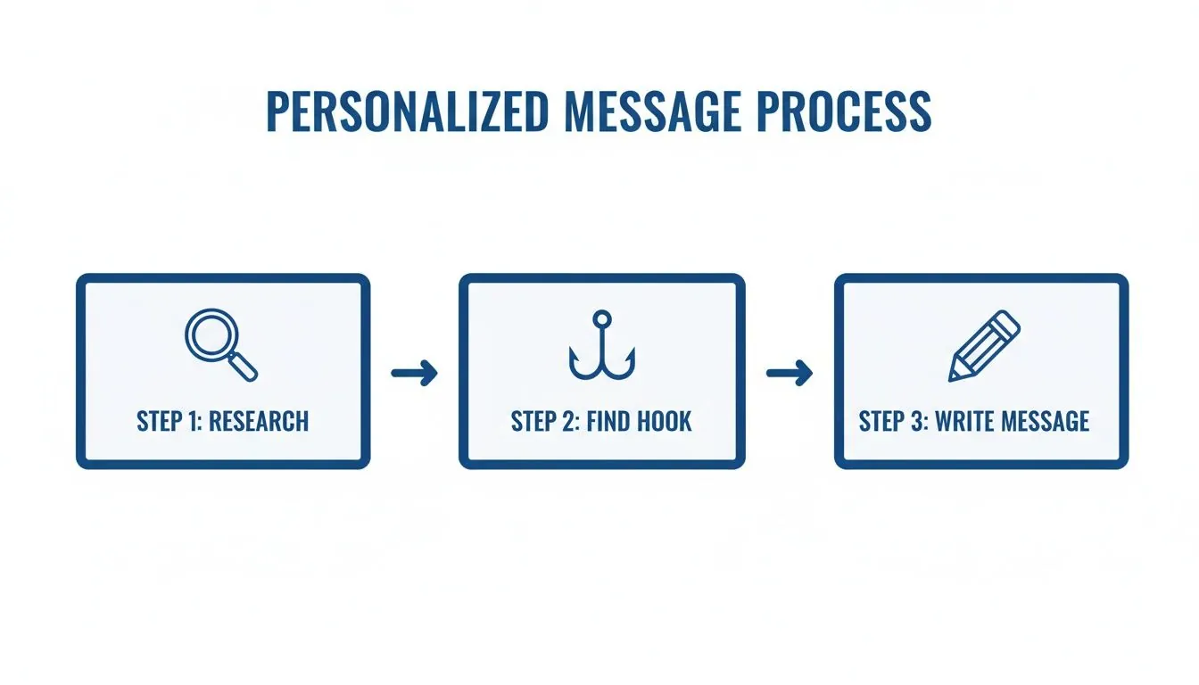 A three step process diagram for creating a personalized message: research, find hook, and write message.