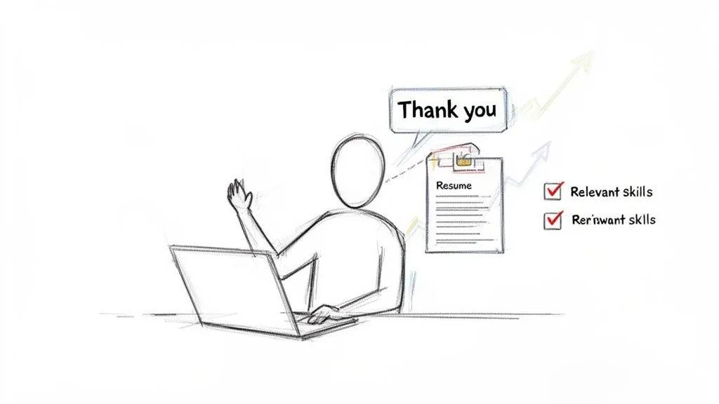 Person at laptop waves, saying "Thank you", with a resume showing checked relevant and rerinvant skills.