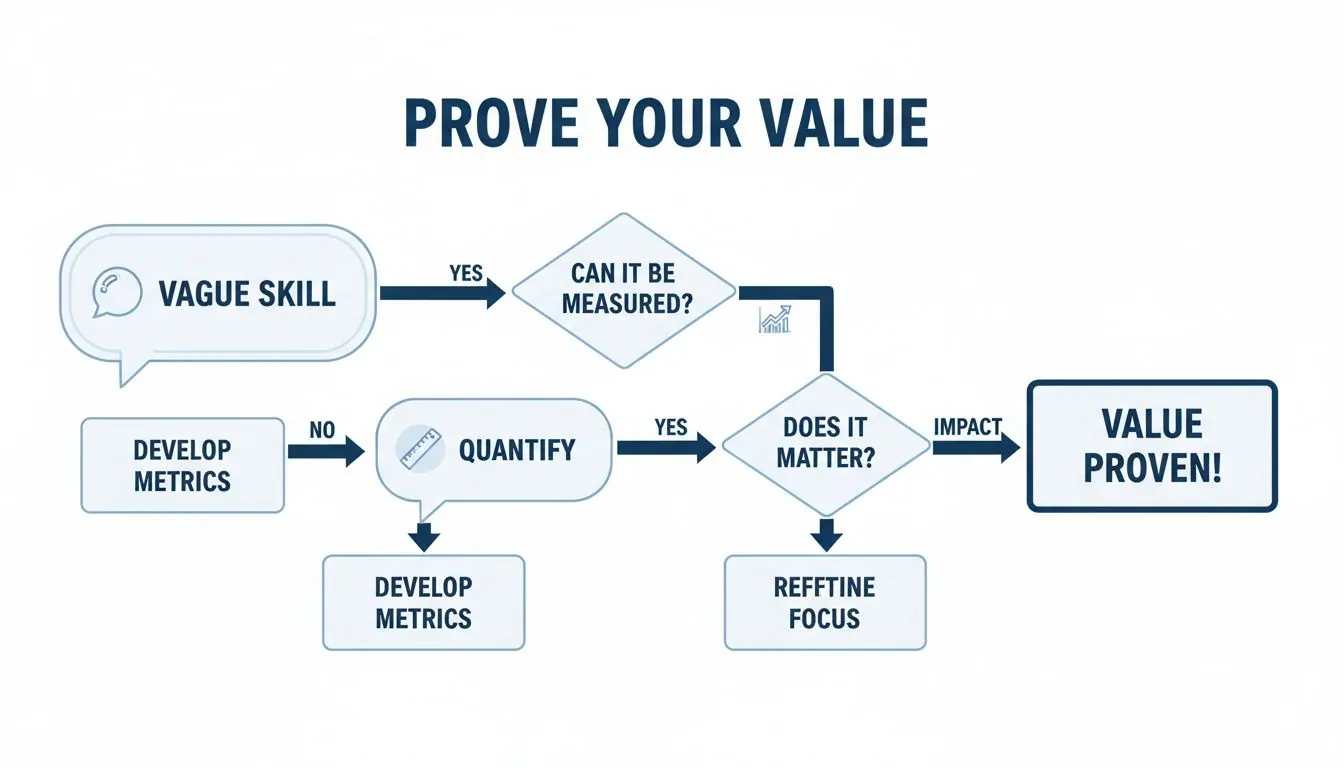 A flowchart titled 'Prove Your Value', illustrating how to measure and quantify skills to demonstrate impact.