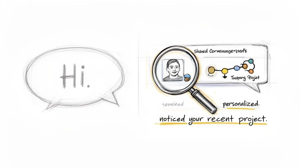 Illustration showing a 'Hi.' message and a personalized message about a noticed project, indicating a thoughtful connection.