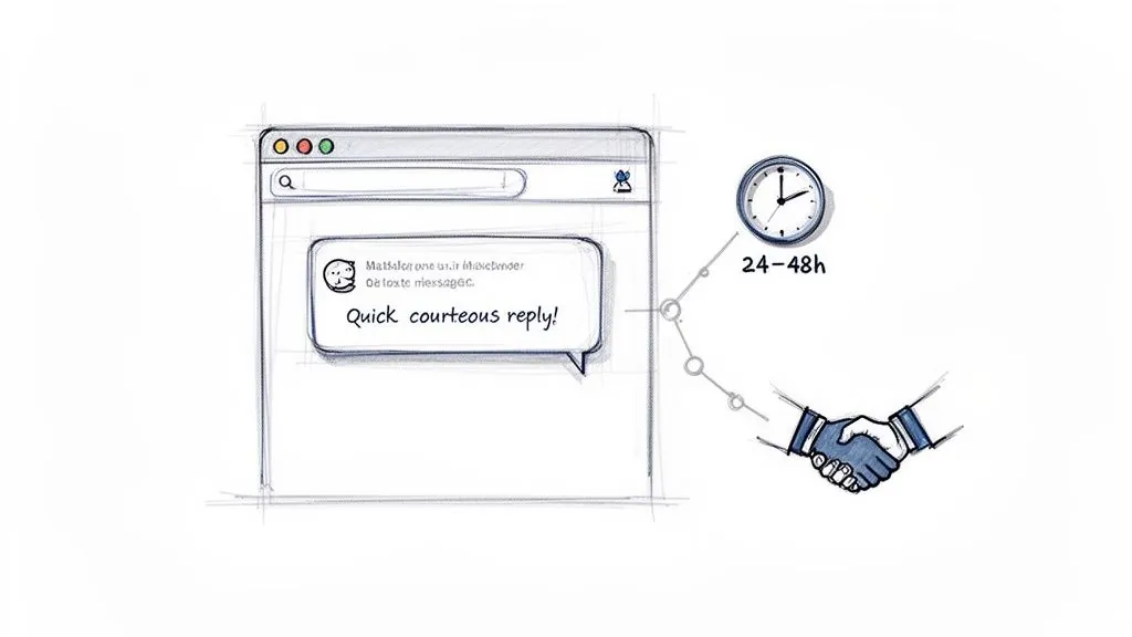 Illustration showing a quick courteous reply in a chat leading to a handshake within 24 to 48 hours.