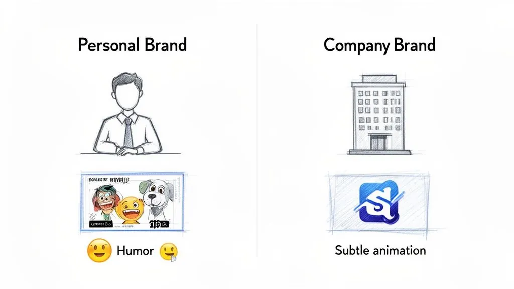 A diagram comparing personal and company brand strategies, showing humor for personal and subtle animation for company.
