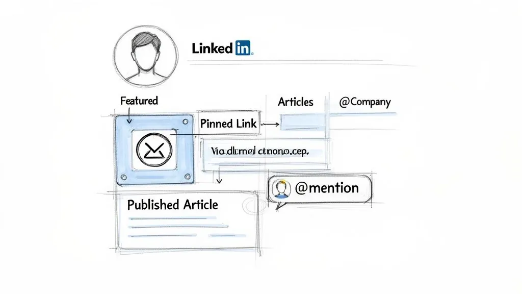 Diagram illustrating LinkedIn profile content features, including featured posts, pinned links, articles, and mentions.