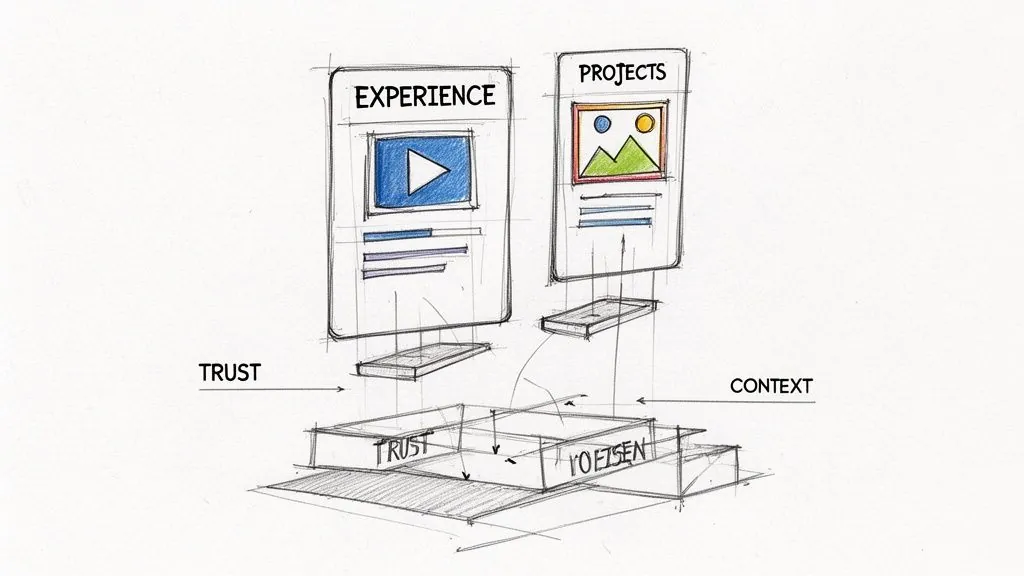 A conceptual sketch illustrating how experience and projects create the foundations of trust and professional context.