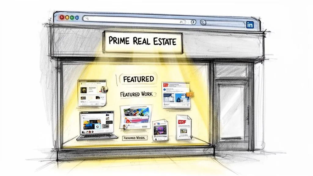 A conceptual sketch illustrating a storefront labeled Prime Real Estate featuring various digital portfolio samples on display.