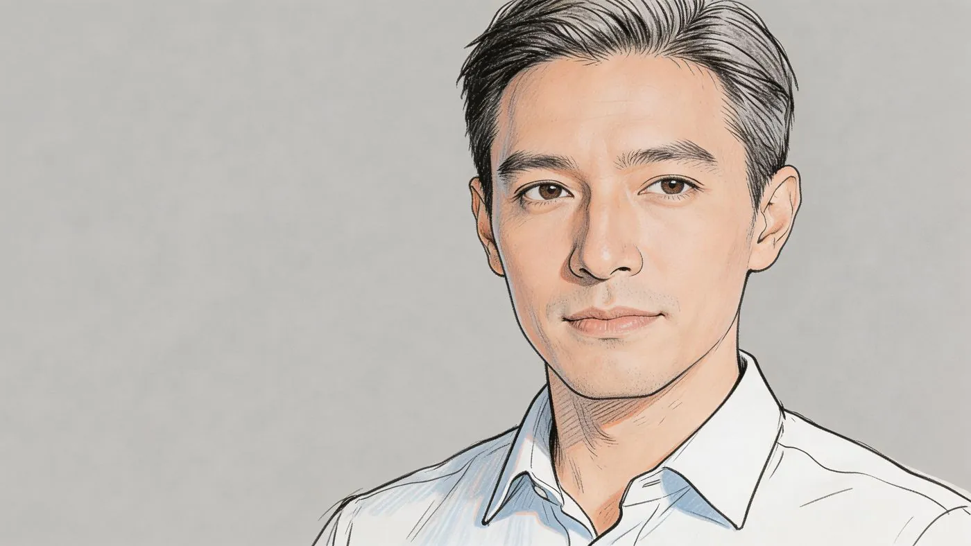 A professional digital sketch of a man with short dark hair wearing a white collared shirt.