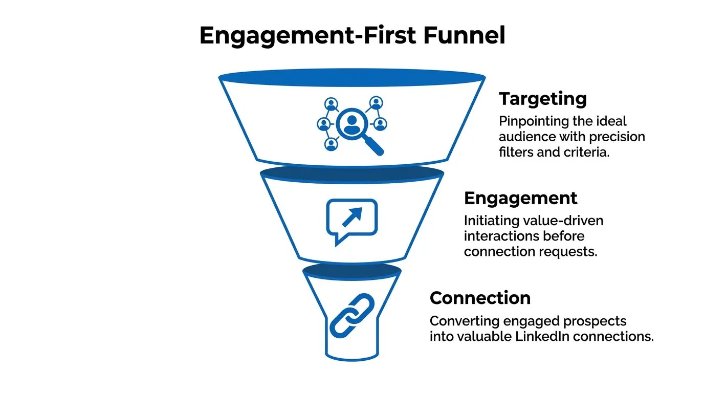 A funnel diagram illustrating the Engagement First Funnel process for automated LinkedIn outreach consisting of targeting, engagement, and connection.