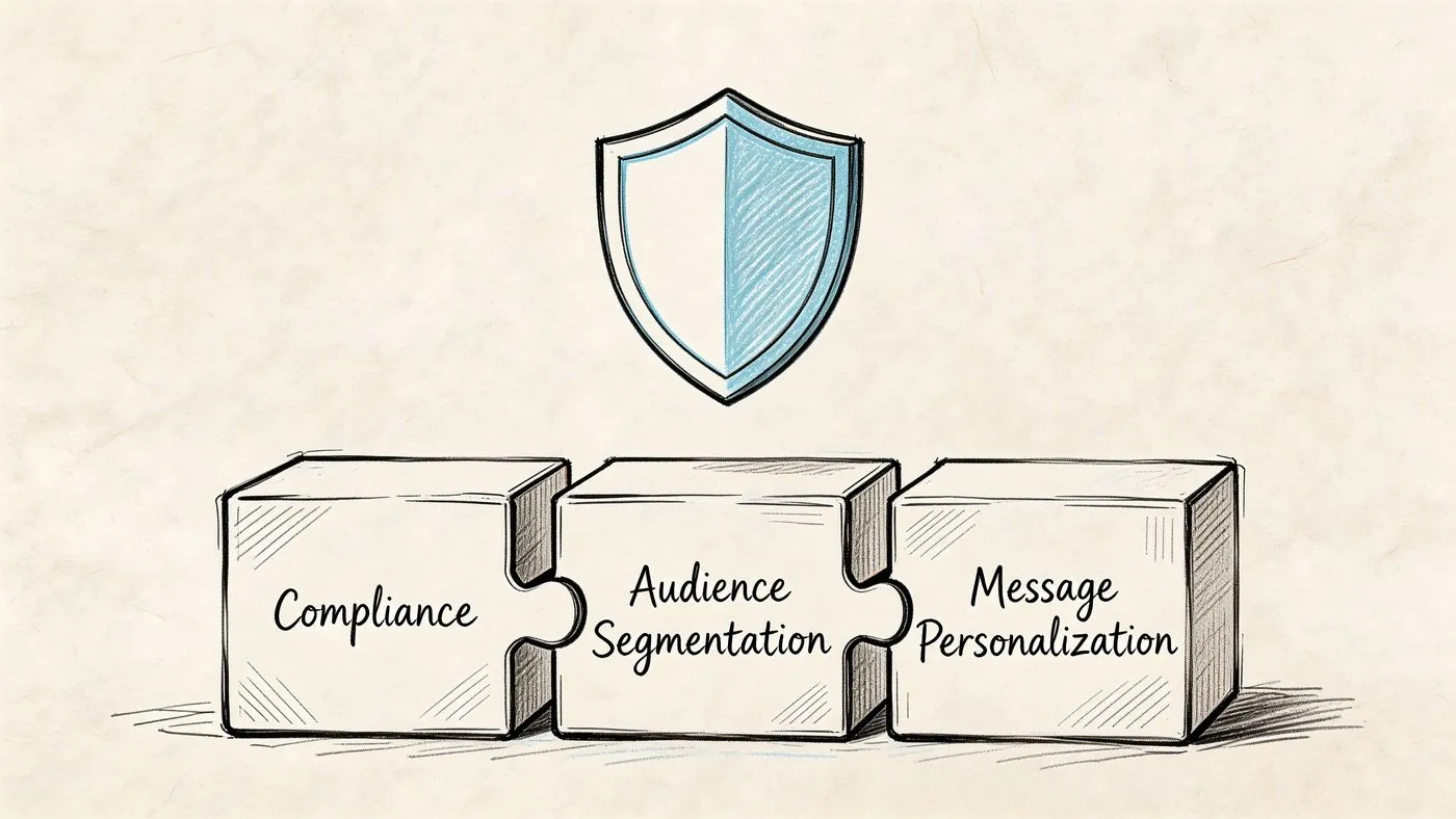 A conceptual illustration showing a shield protecting three interlocking puzzle pieces labeled compliance, audience segmentation, and message personalization.