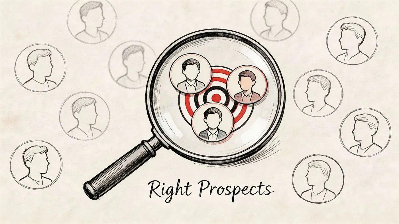 A magnifying glass focusing on three selected business prospects over a target bullseye symbol on paper.