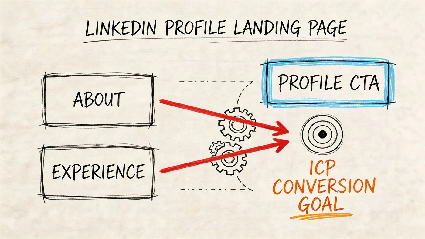 A hand drawn diagram illustrating how LinkedIn profile sections convert visitors into targeted leads for business growth.