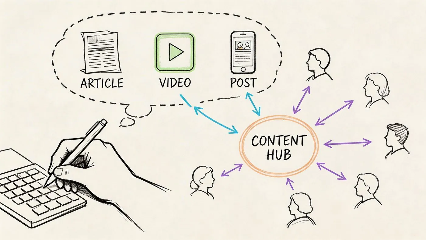 A hand drawn illustration showing a person writing at a desk connected to a central content hub.