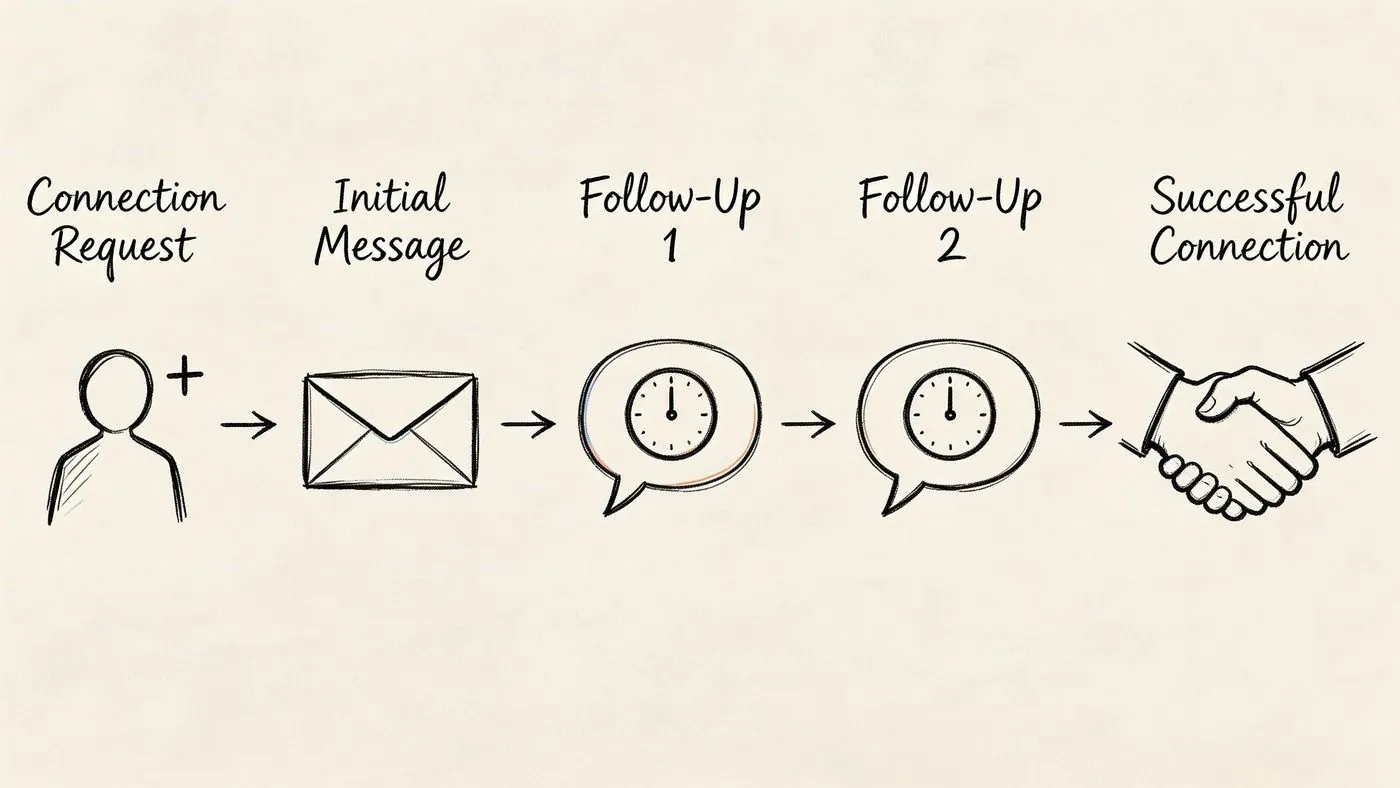 A flowchart illustration showing the five stages of building a successful professional connection on LinkedIn.
