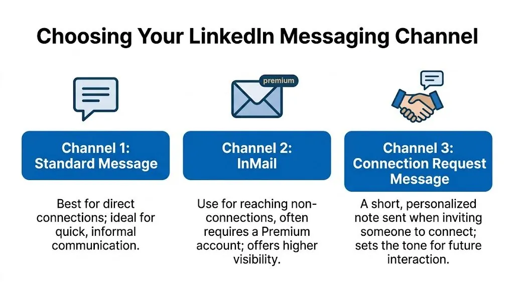 Üç ayrı LinkedIn mesaj kanalını gösteren bir infografik: standart mesajlar, InMail ve bağlantı isteği notları.