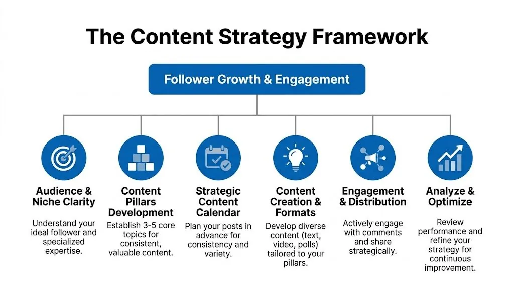 Schéma illustrant les six piliers d'un cadre de stratégie de contenu pour la croissance des abonnés et l'engagement.