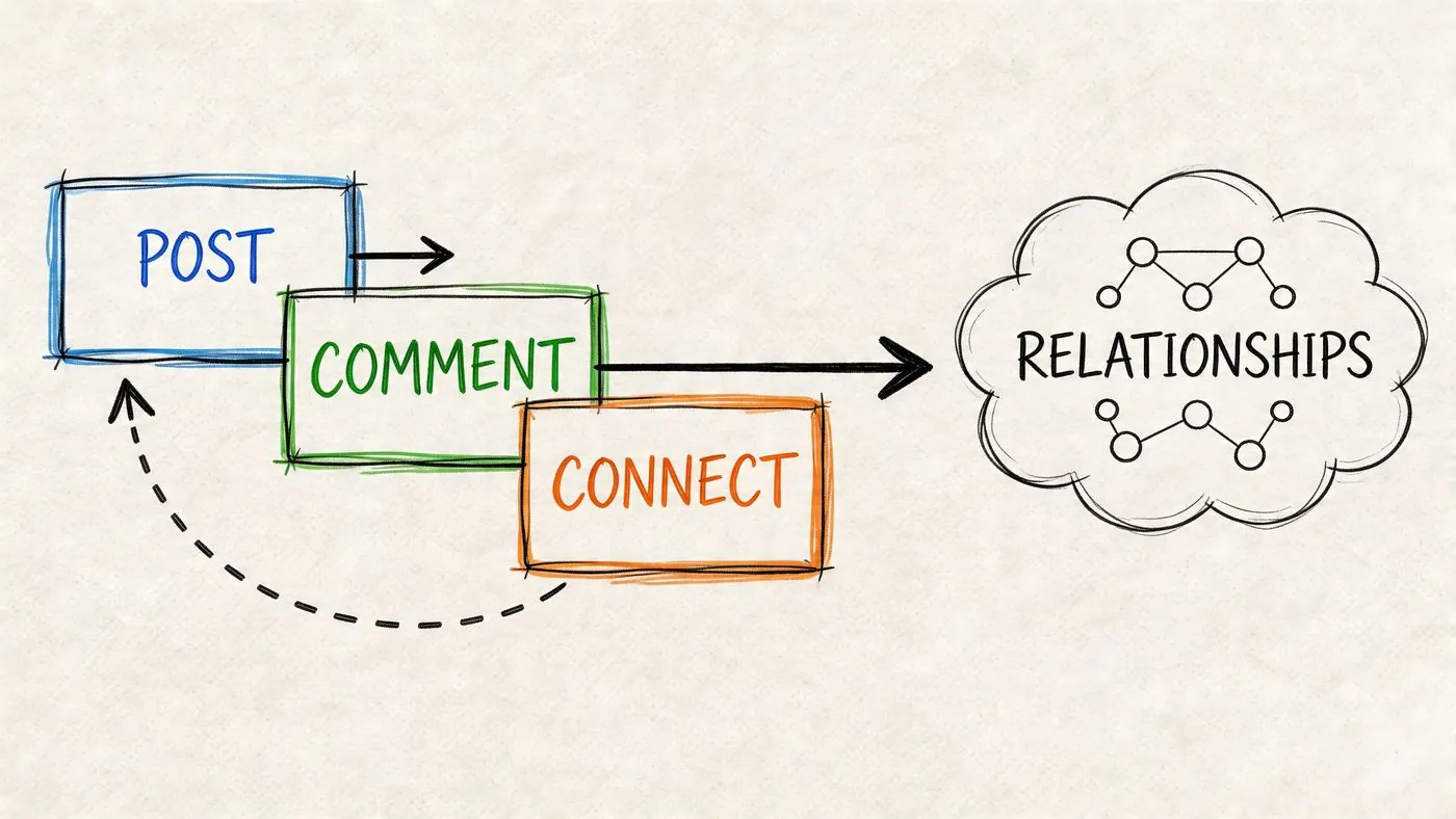 Schéma de flux conceptuel montrant comment publier, commenter et se connecter mène à construire des relations sur LinkedIn.