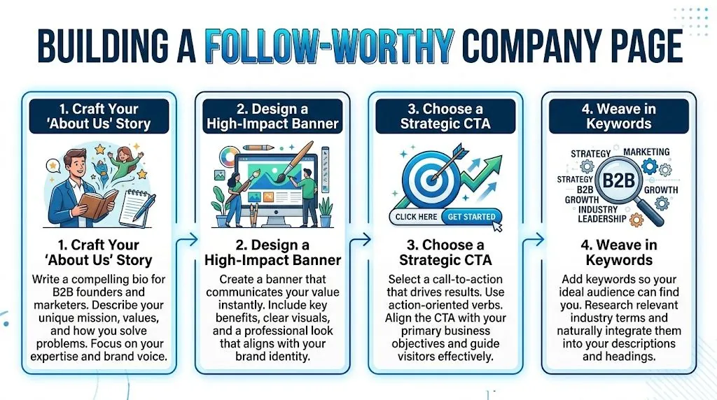 Eine Infografik in vier Schritten, wie Sie eine professionelle, folgewürdige LinkedIn-Unternehmensseite bauen.