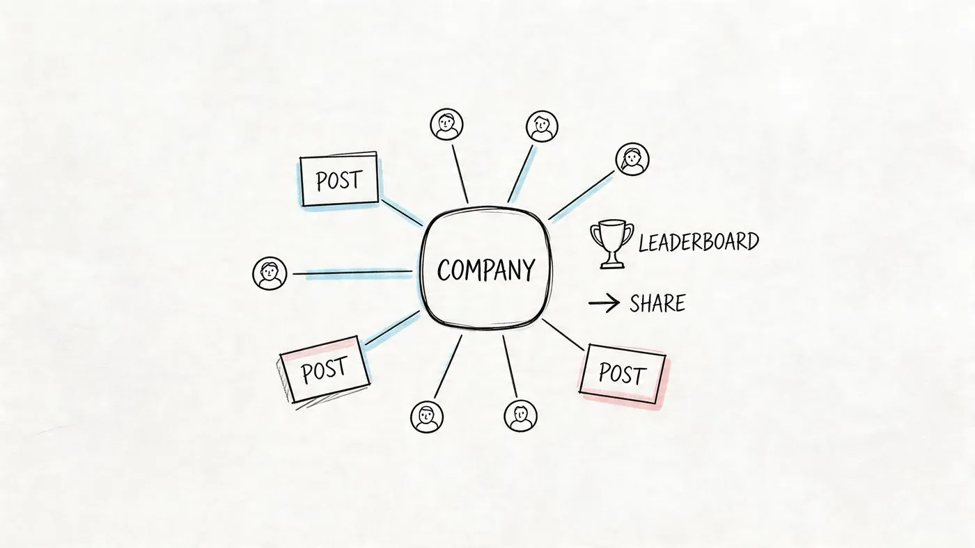 Ein handgezeichnetes Diagramm mit einem Unternehmen in der Mitte, verbunden mit verschiedenen Beiträgen, Mitarbeitenden und einer Rangliste.