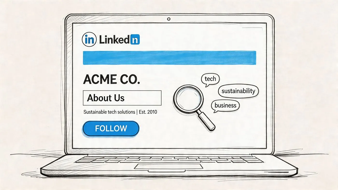 Eine skizzierte Darstellung eines Laptop-Bildschirms, der die LinkedIn-Unternehmensseite von Acme Co. zeigt.
