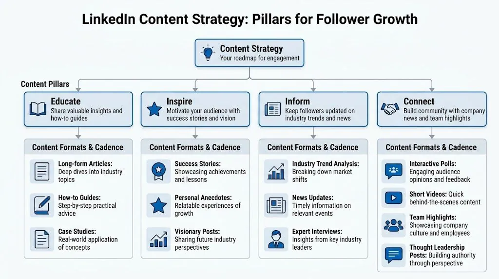 Un schéma qui illustre une stratégie de contenu LinkedIn avec quatre piliers : Éduquer, Inspirer, Informer et Relier, avec des formats.