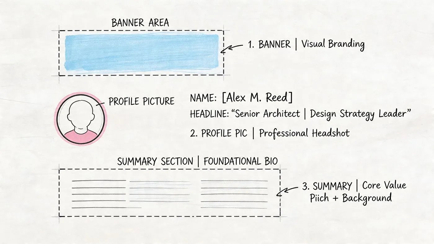 Un schéma qui illustre les trois éléments essentiels d'un profil LinkedIn professionnel : bannière, photo et résumé.