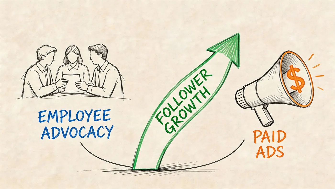Une illustration dessinée à la main montrant l'advocacy des employés et les publicités payantes qui contribuent à la croissance des abonnés LinkedIn.