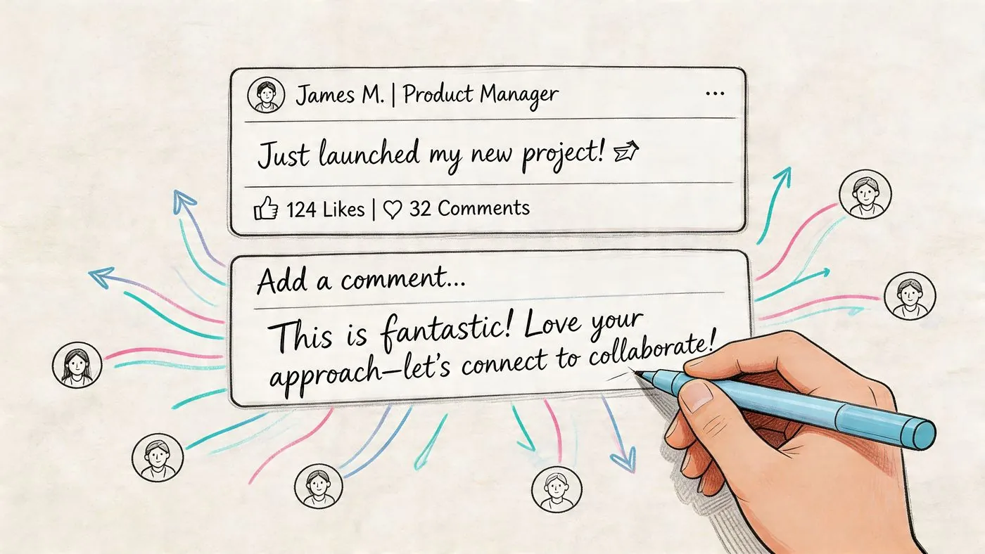 Une main écrit un commentaire professionnel sur un post LinkedIn, illustrant l'engagement et la stratégie de networking.