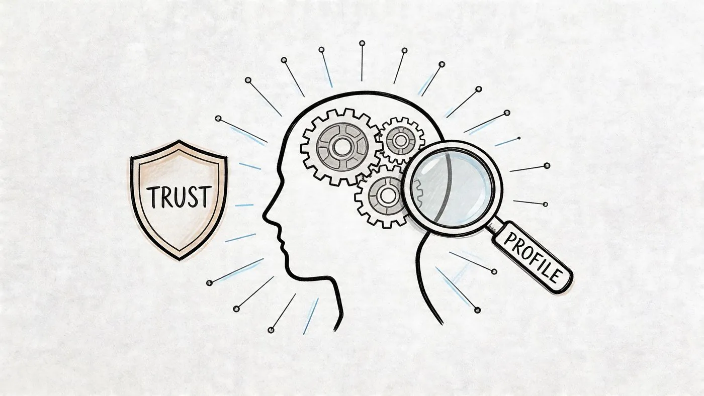 Uma ilustração conceptual com uma silhueta de perfil humano, engrenagens, um escudo de confiança e uma lupa.