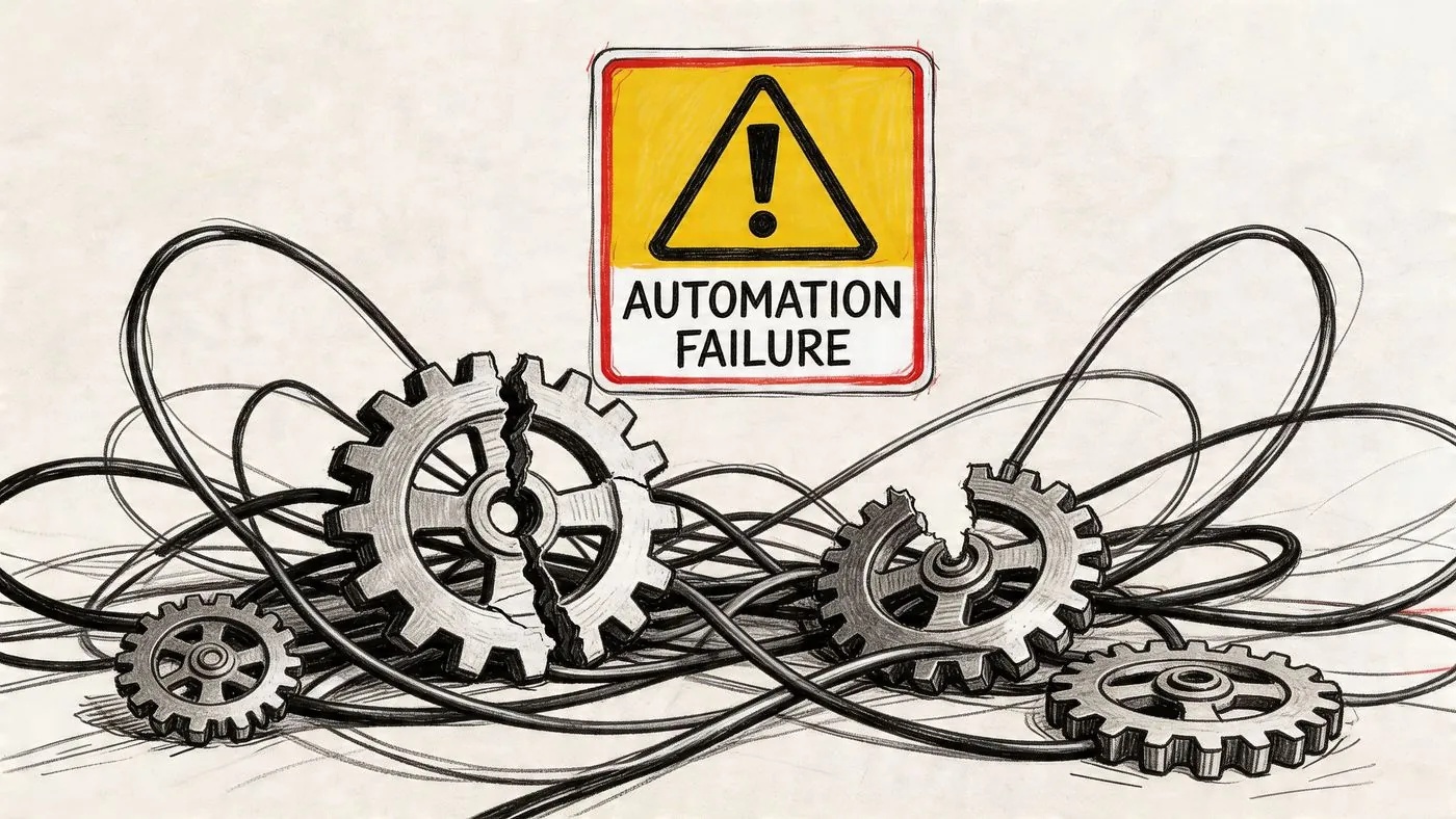 Una ilustración digital que muestra engranajes rotos y cables enredados bajo un cartel de aviso de fallo de automatización.