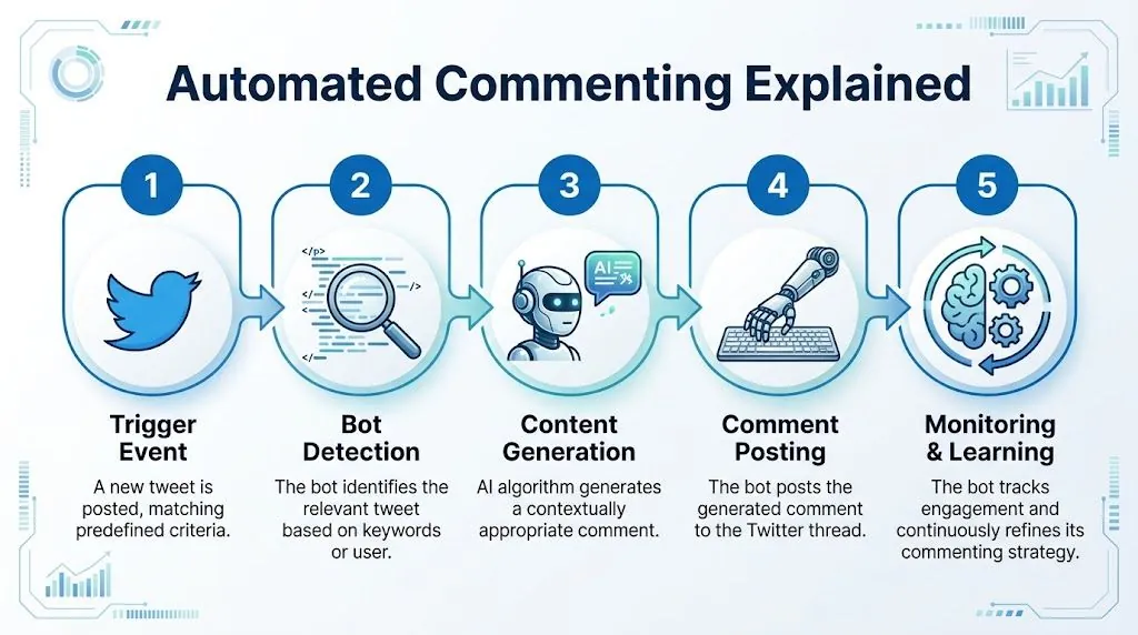 Una infografía de cinco pasos que explica cómo un sistema de bot automatizado identifica, genera y publica comentarios en Twitter.
