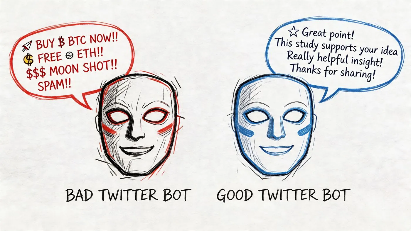 Una ilustración digital que compara un bot malo y spam de Twitter con un bot bueno, útil y educado.