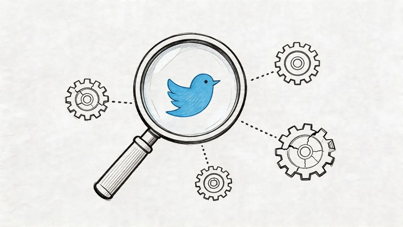 Eine Lupe prüft ein Twitter-Logo-Icon, umgeben von vier verbundenen mechanischen Zahnrädern.
